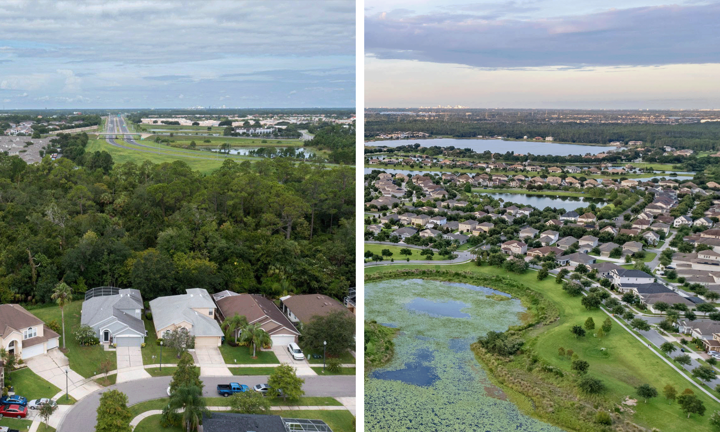 Two aerial images comparing the Orlando East and West sides